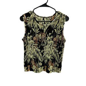 Womens Black Sleeveless Tropical Leopard Print Ribbed Tank Top Size Small Retro